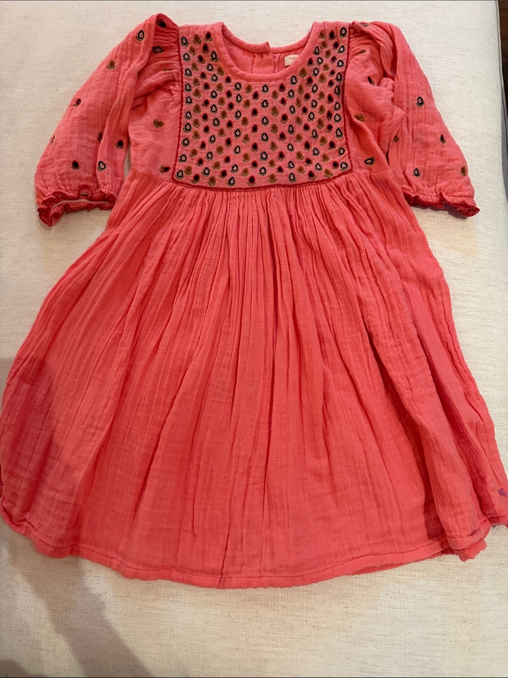 Girls Coral Embroidered Cotton Dress by Pink Chicken NY